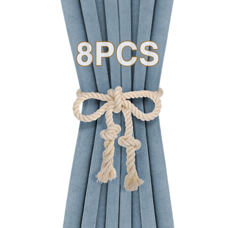 Apipi 8 Pcs Hand Woven Curtain Tiebacks No Drilling - Boho Drape Holdbacks Rope for Black Blue Light Color Curtains, Decorative Ties for Outdoor Yard Garden Farmhouse Drapery, Beige - Image 1